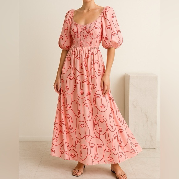 NWT La Ligne MEDIUM Lola Shirred Printed 100% silk pink midi dress - Picture 2 of 13